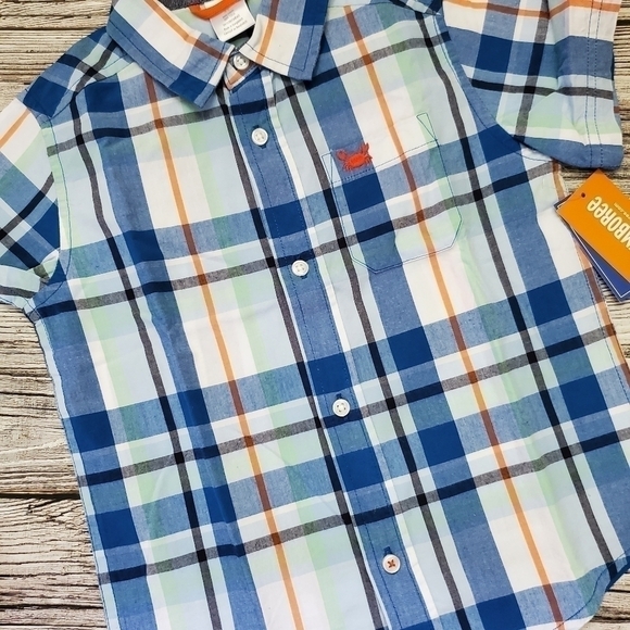 Plaid Short Sleeve Button Up T-Shirt with Embroidered Crab Whale Hello There - Picture 2 of 5